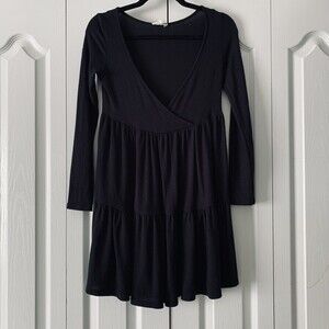 See You Monday Dress Small Black Long Sleeve Tiered VNeck Casual Dark Witchy